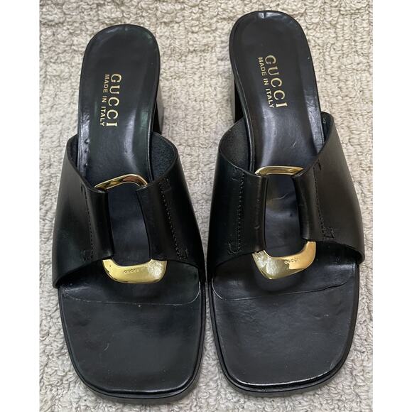 Gucci Black Leather Gold Buckle Slides Mules 9 Box EUC Sandals Shoes COA - Picture 8 of 16
